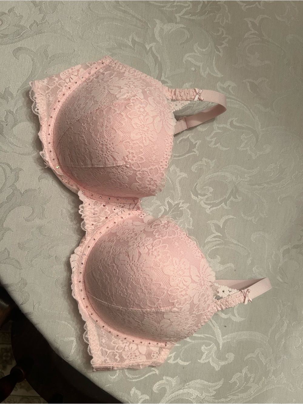 Victoria’s Secret light pink lace floral rhinestone bra